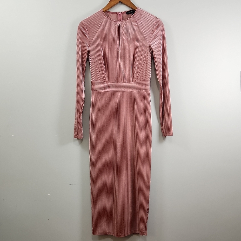 Dynamite Pink Ribbed Velvet Midi Dress – Long Sleeve Bodycon